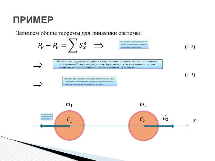 Теория удара ПРИМЕР Запишем общие теоремы для динамики системы: х (1.2) (1.3)