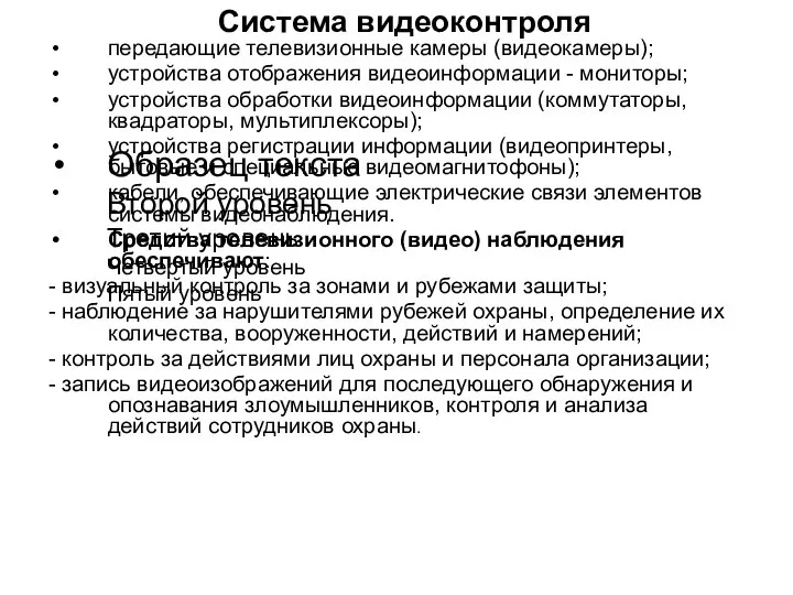 Система видеоконтроля передающие телевизионные камеры (видеокамеры); устройства отображения видеоинформации - мониторы;