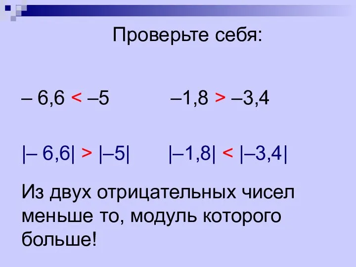 – 6,6 –3,4 |– 6,6| > |–5| |–1,8| Проверьте себя: Из