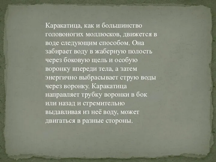 Каракатица, как и большинство головоногих моллюсков, движется в воде следующим способом.