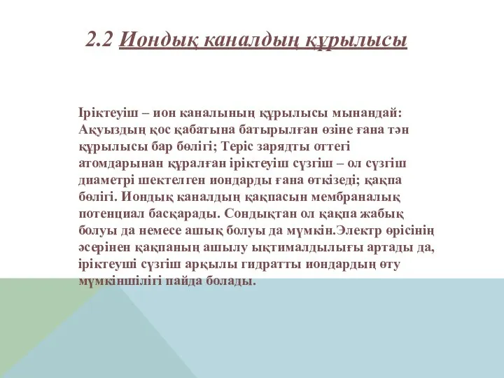 2.2 Иондық каналдың құрылысы Іріктеуіш – ион каналының құрылысы мынандай: Ақуыздың