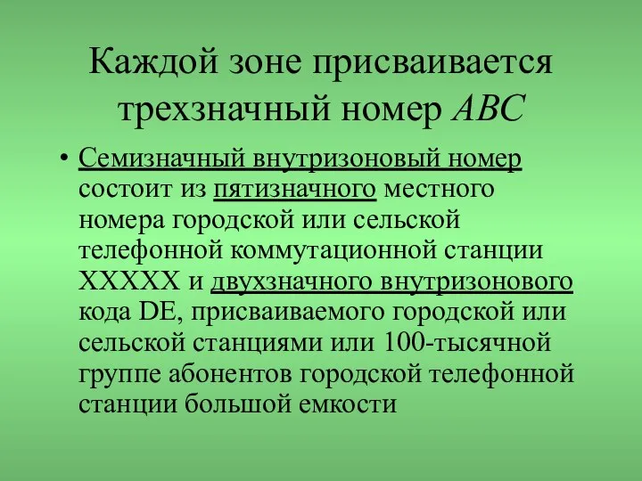 Каждой зоне присваивается трехзначный номер АВС Семизначный внутризоновый номер состоит из