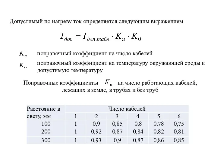 Допустимый по нагреву ток определяется следующим выражением поправочный коэффициент на число