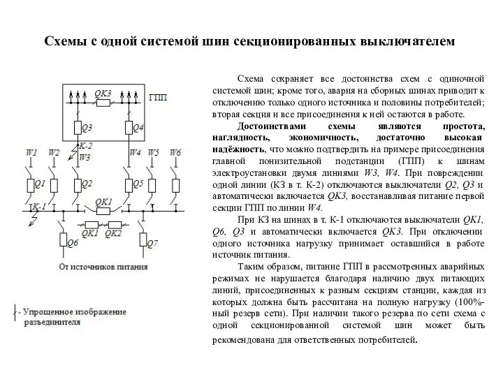 Схемы с одной системой шин секционированных выключателем Схема сохраняет все достоинства