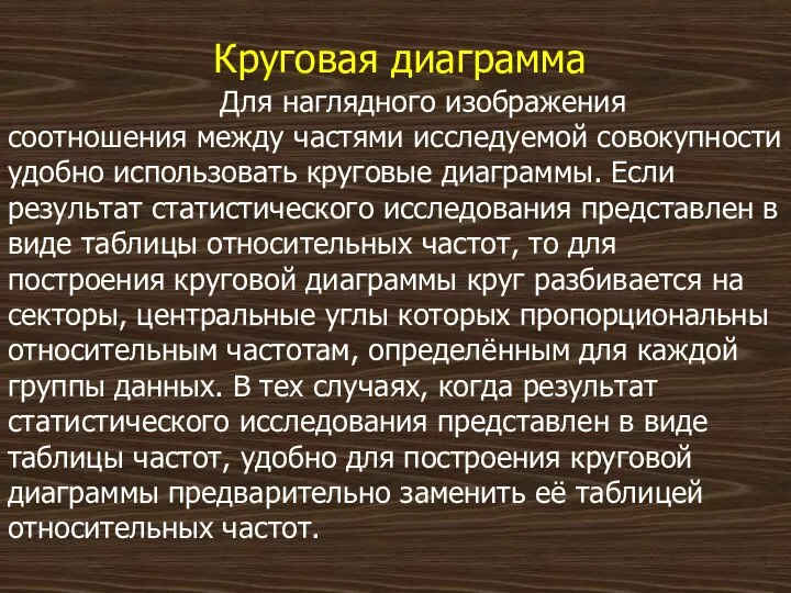 Круговая диаграмма Для наглядного изображения соотношения между частями исследуемой совокупности удобно