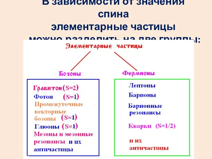 В зависимости от значения спина элементарные частицы можно разделить на две группы: