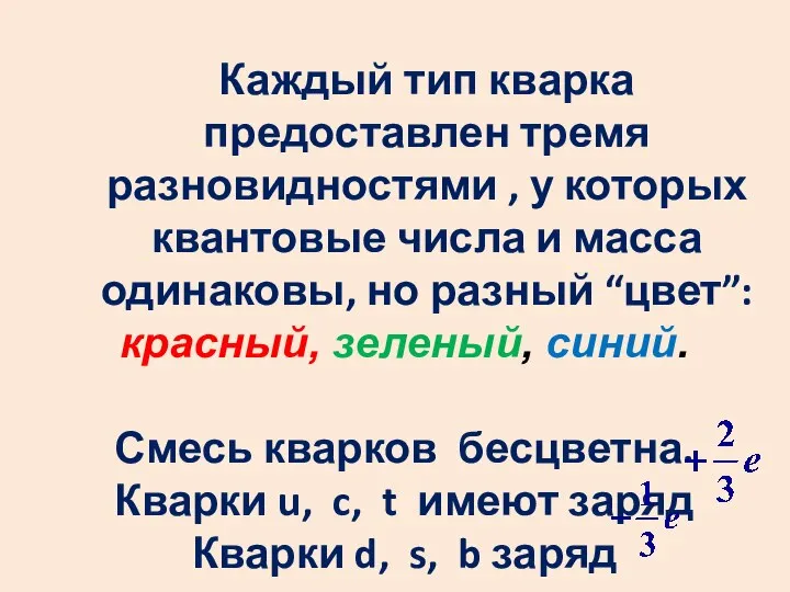 Каждый тип кварка предоставлен тремя разновидностями , у которых квантовые числа