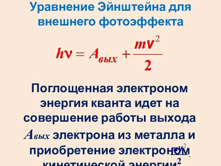 Уравнение Эйнштейна для внешнего фотоэффекта Поглощенная электроном энергия кванта идет на