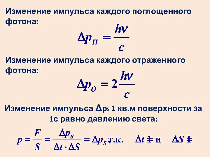 Изменение импульса каждого поглощенного фотона: Изменение импульса каждого отраженного фотона: Изменение