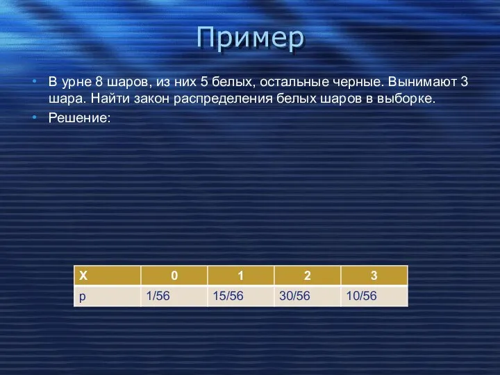 Пример В урне 8 шаров, из них 5 белых, остальные черные.