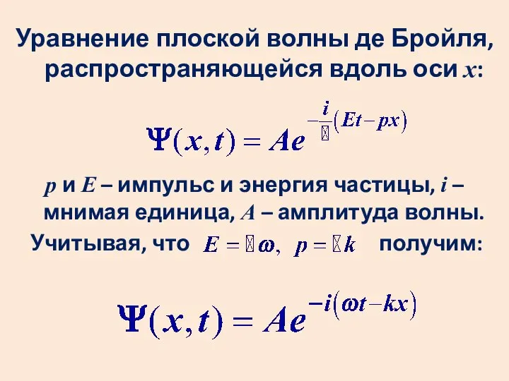 Уравнение плоской волны де Бройля, распространяющейся вдоль оси х: р и