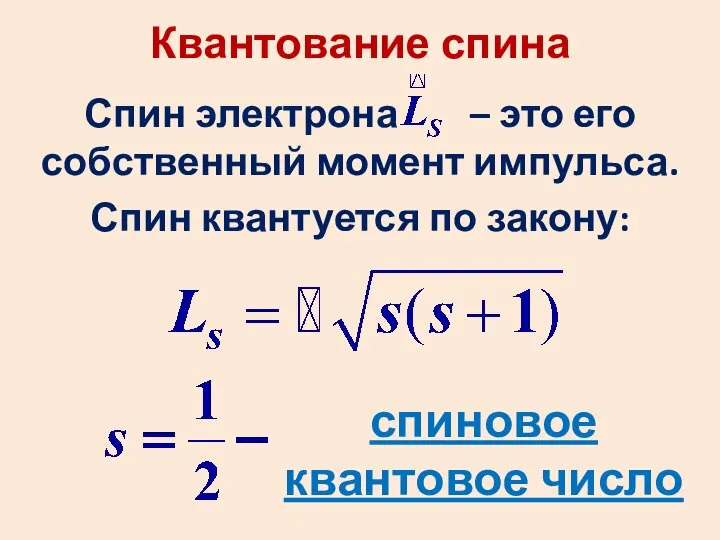 Квантование спина Спин электрона – это его собственный момент импульса. Спин