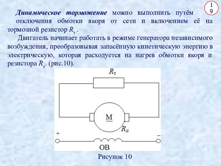 19 Динамическое торможение можно выполнить путём отключения обмотки якоря от сети