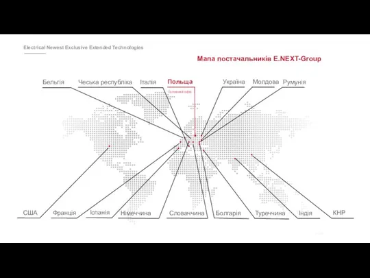 Бельгія Словаччина Польща Мапа постачальників E.NEXT-Group Чеська республіка Італія Головний офіс