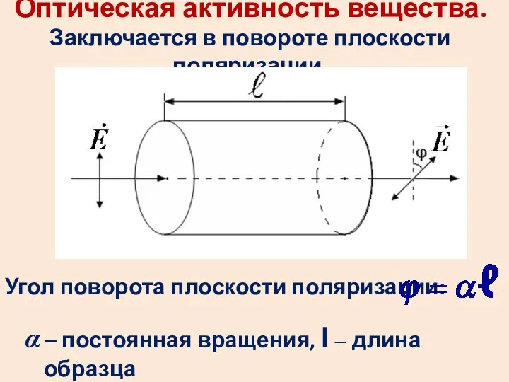 Оптическая активность вещества. Заключается в повороте плоскости поляризации. Угол поворота плоскости