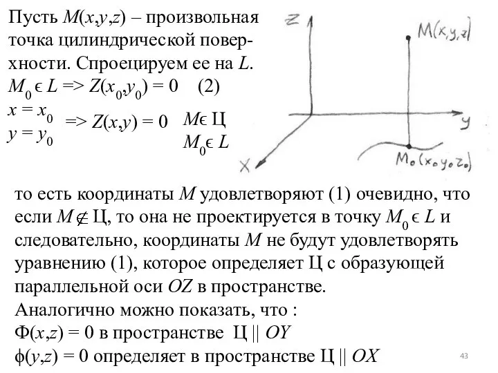 Пусть М(x,y,z) – произвольная точка цилиндрической повер-хности. Спроецируем ее на L.