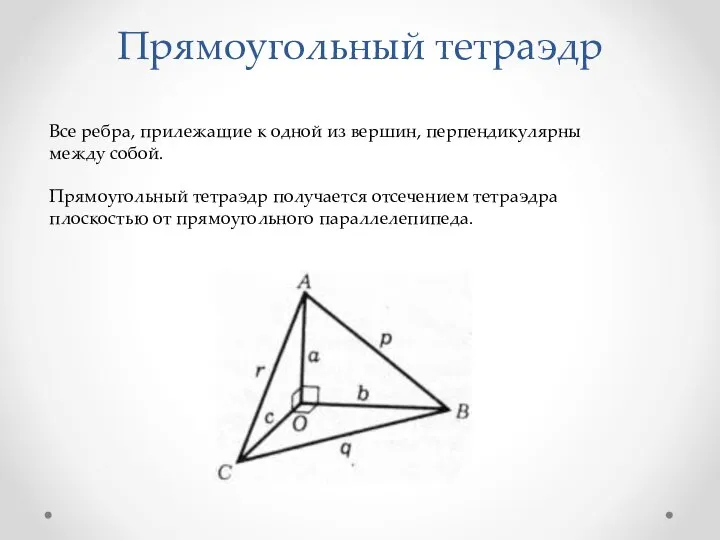 Прямоугольный тетраэдр Все ребра, прилежащие к одной из вершин, перпендикулярны между