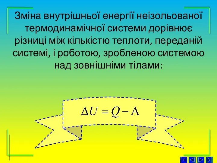 Зміна внутрішньої енергії неізольованої термодинамічної системи дорівнює різниці між кількістю теплоти,