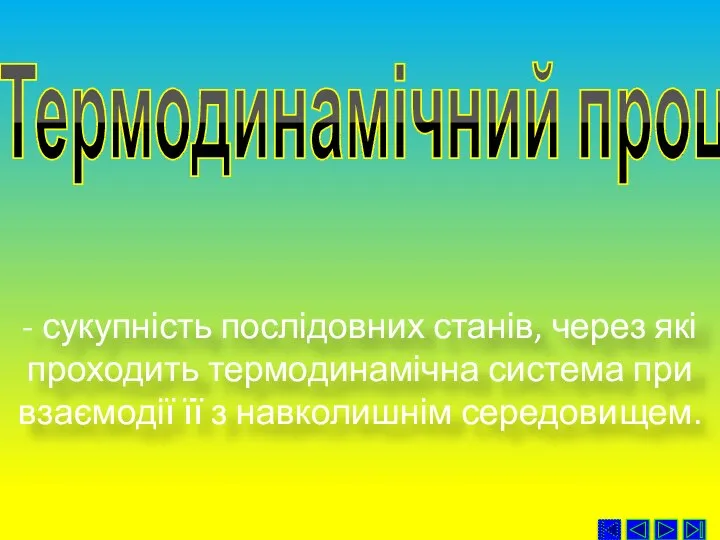 Термодинамічний процес - сукупність послідовних станів, через які проходить термодинамічна система