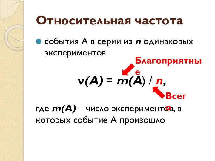 Относительная частота события А в серии из n одинаковых экспериментов ν(А)