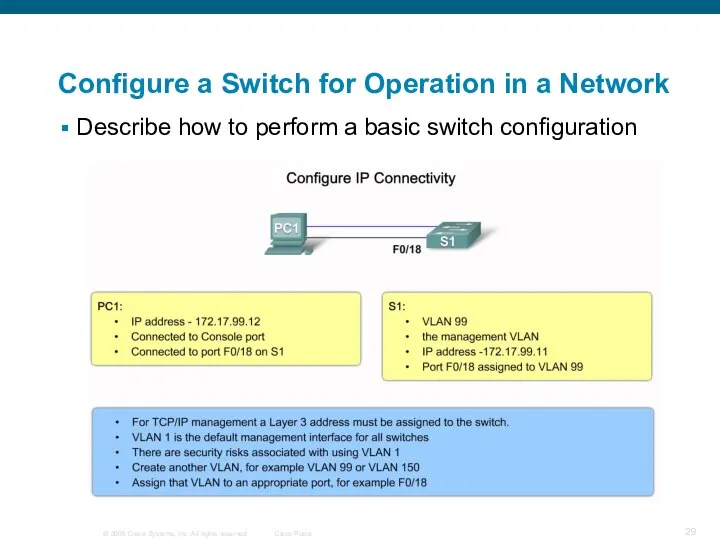 Configure a Switch for Operation in a Network Describe how to perform a basic switch configuration
