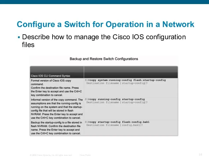 Configure a Switch for Operation in a Network Describe how to