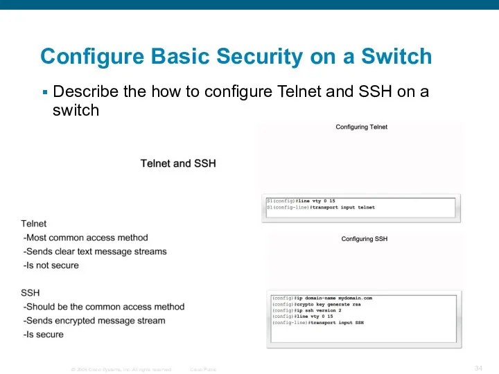 Describe the how to configure Telnet and SSH on a switch