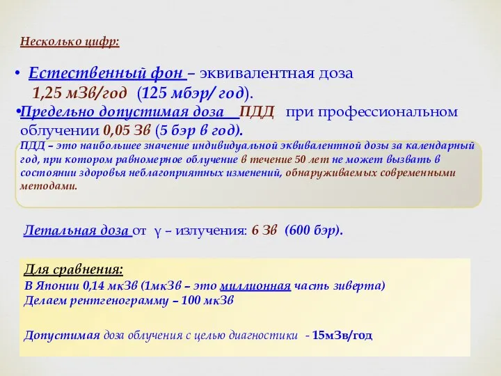 Естественный фон – эквивалентная доза 1,25 мЗв/год (125 мбэр/ год). Предельно