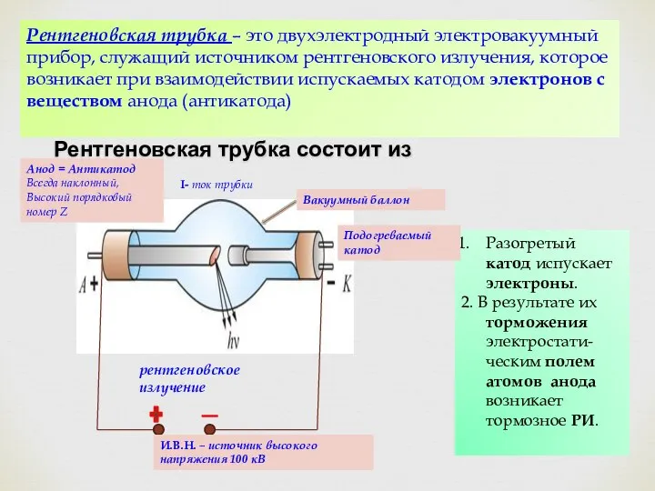 Рентгеновская трубка – это двухэлектродный электровакуумный прибор, служащий источником рентгеновского излучения,