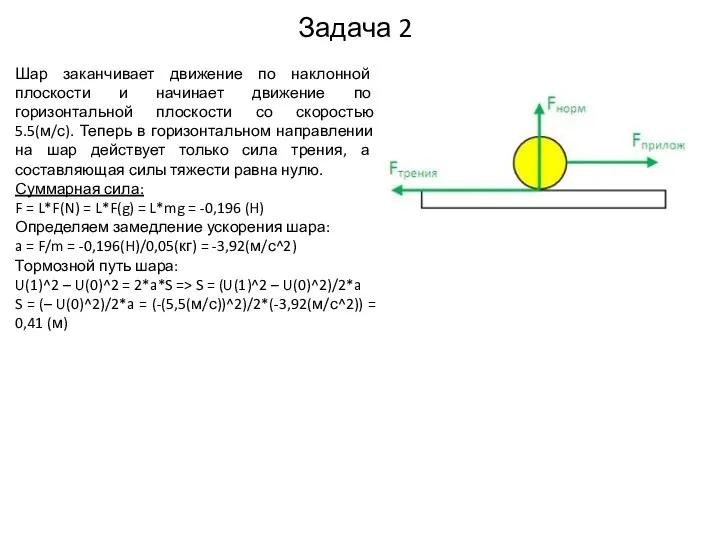 Задача 2 Шар заканчивает движение по наклонной плоскости и начинает движение