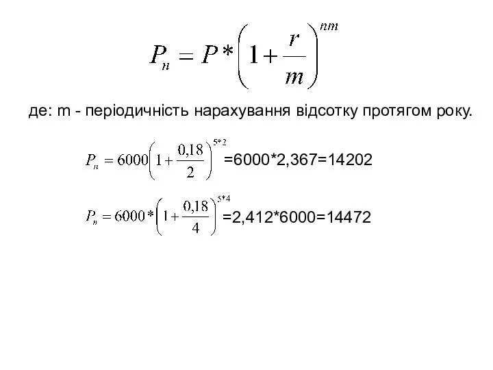 де: m - періодичність нарахування відсотку протягом року. =2,412*6000=14472 =6000*2,367=14202