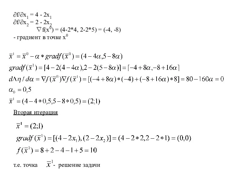 ∂f/∂x1 = 4 - 2x1 ∂f/∂x2 = 2 - 2x2 ∇f(x0)