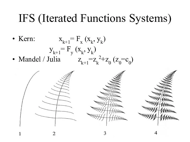 IFS (Iterated Functions Systems) Kern: xk+1= Fx (xk, yk) yk+1= Fy