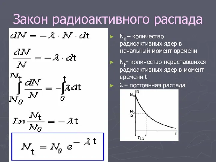 Закон радиоактивного распада N0 – количество радиоактивных ядер в начальный момент