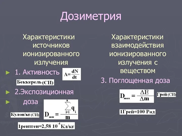 Дозиметрия Характеристики источников ионизированного излучения 1. Активность 2.Экспозиционная доза Характеристики взаимодействия