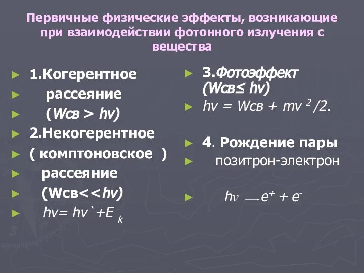 Первичные физические эффекты, возникающие при взаимодействии фотонного излучения с вещества 1.Когерентное