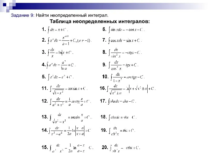 Задание 9: Найти неопределенный интеграл. Таблица неопределенных интегралов: