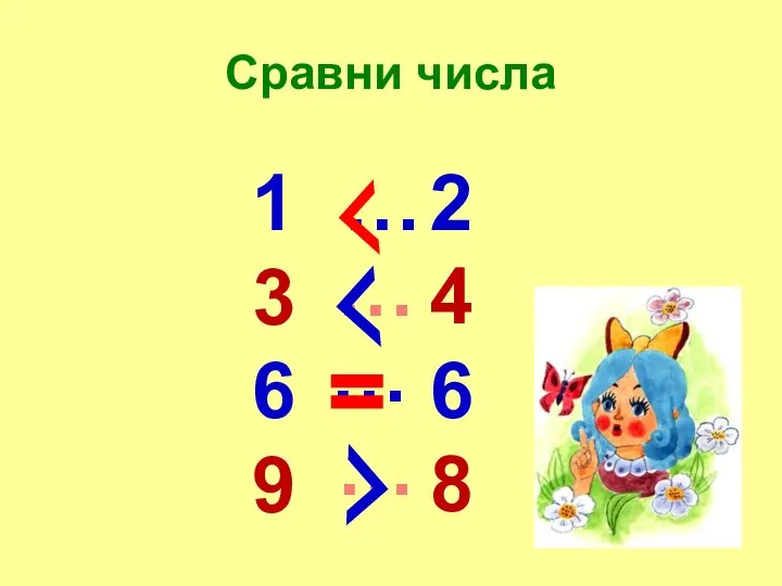 Сравни числа 2 4 6 8 1 3 6 9 … … … …