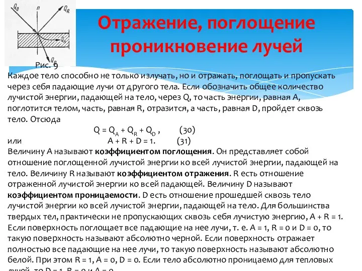 Отражение, поглощение проникновение лучей Рис. 9 Каждое тело способно не только