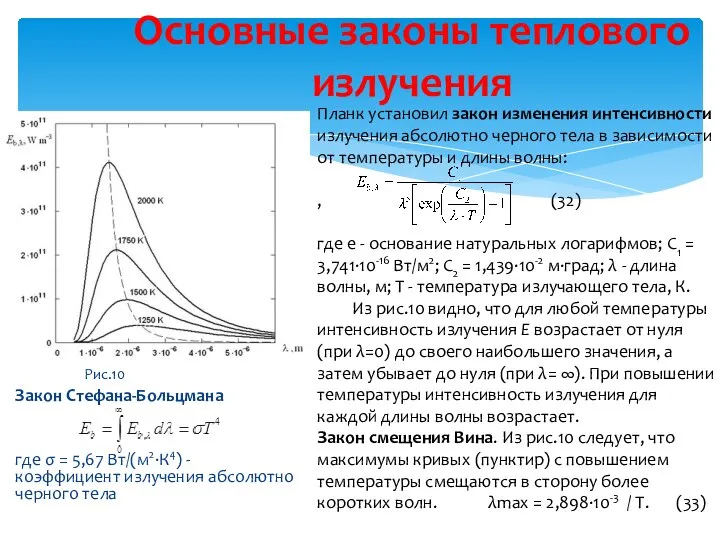 Рис.10 Закон Стефана-Больцмана где σ = 5,67 Вт/(м2∙К4) - коэффициент излучения