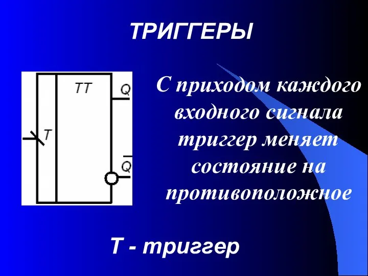 ТРИГГЕРЫ T - триггер С приходом каждого входного сигнала триггер меняет состояние на противоположное