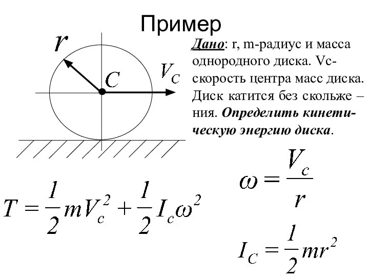 Пример Дано: r, m-радиус и масса однородного диска. Vc- скорость центра