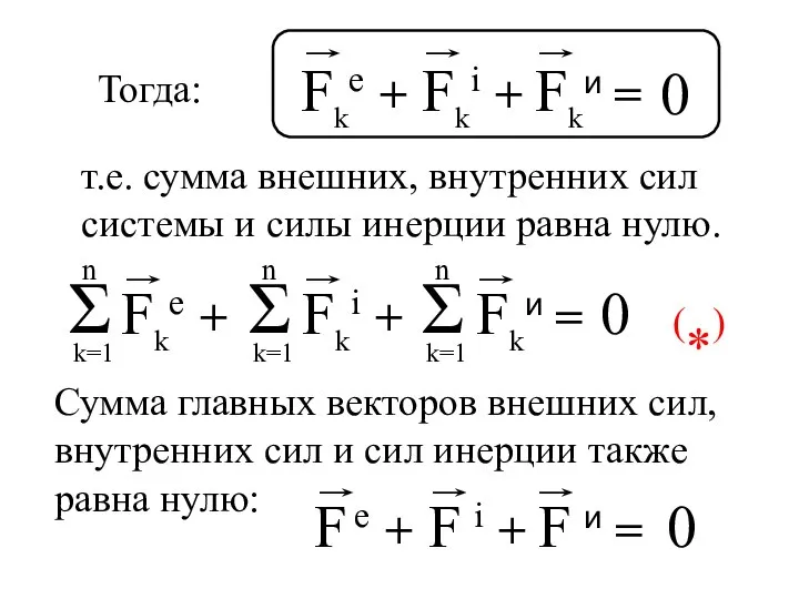 0 Тогда: т.е. сумма внешних, внутренних сил системы и силы инерции