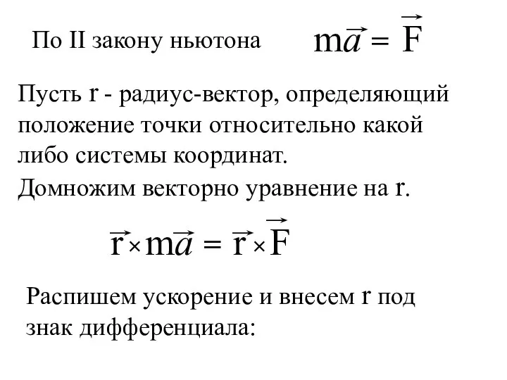 По ІІ закону ньютона Пусть r - радиус-вектор, определяющий положение точки