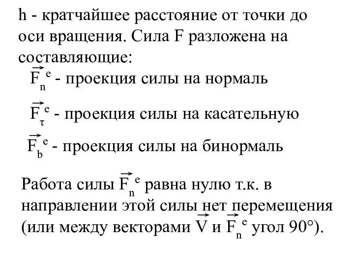 h - кратчайшее расстояние от точки до оси вращения. Сила F разложена на составляющие: