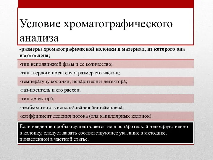 Условие хроматографического анализа Если введение пробы осуществляется не в испаритель, а