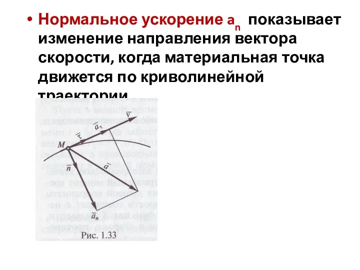 Нормальное ускорение an показывает изменение направления вектора скорости, когда материальная точка движется по криволинейной траектории.