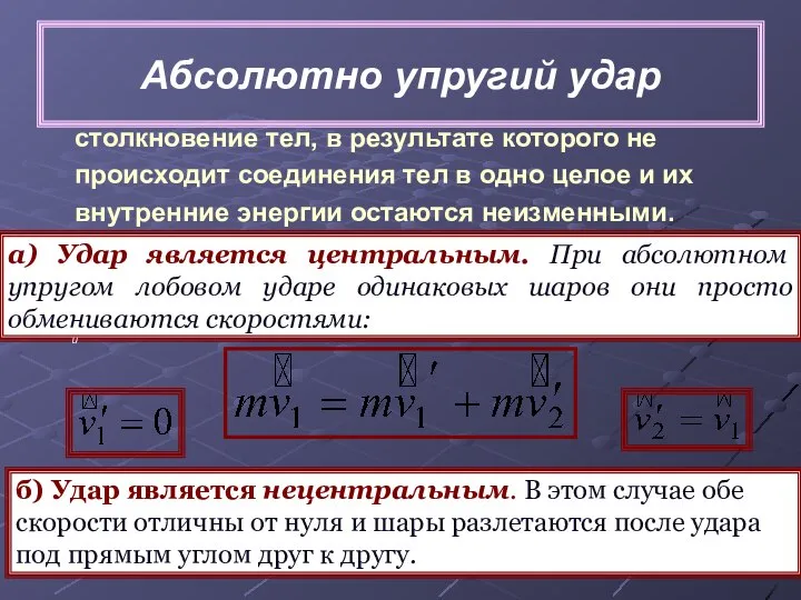 Абсолютно упругий удар столкновение тел, в результате которого не происходит соединения