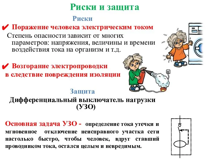 Риски Поражение человека электрическим током Степень опасности зависит от многих параметров: