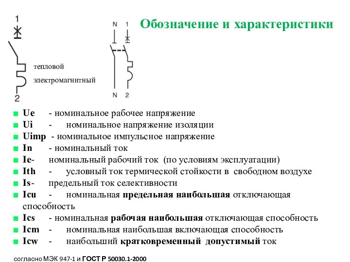 тепловой электромагнитный Обозначение и характеристики Ue - номинальное рабочее напряжение Ui